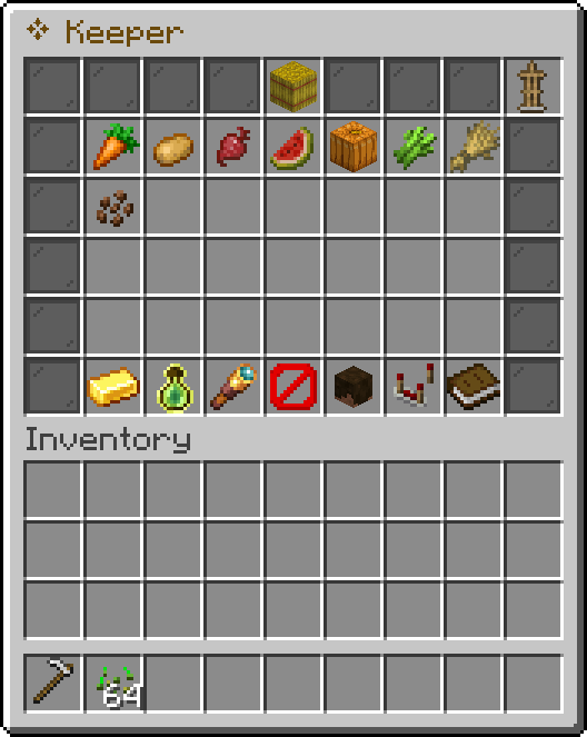 The keeper's window in game: its store of wheat, carrots, potatoes and more, with buttons to sell, take experience, see statistics, manage the crew, change settings and read the journal.